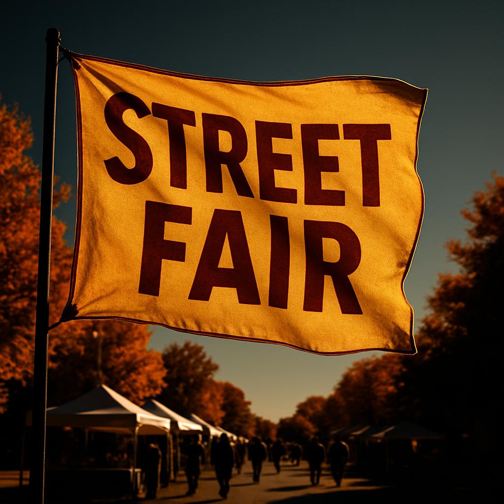 "Street fair sign with yellow fabric and large, dark letters. The banner displays the words 'STREET FAIR' in block letters...