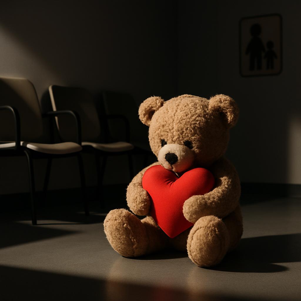 A stuffed teddy bear sitting on the floor, holding a heart-shaped pillow, in a dimly lit, possibly anti-follow gallery-esq...
